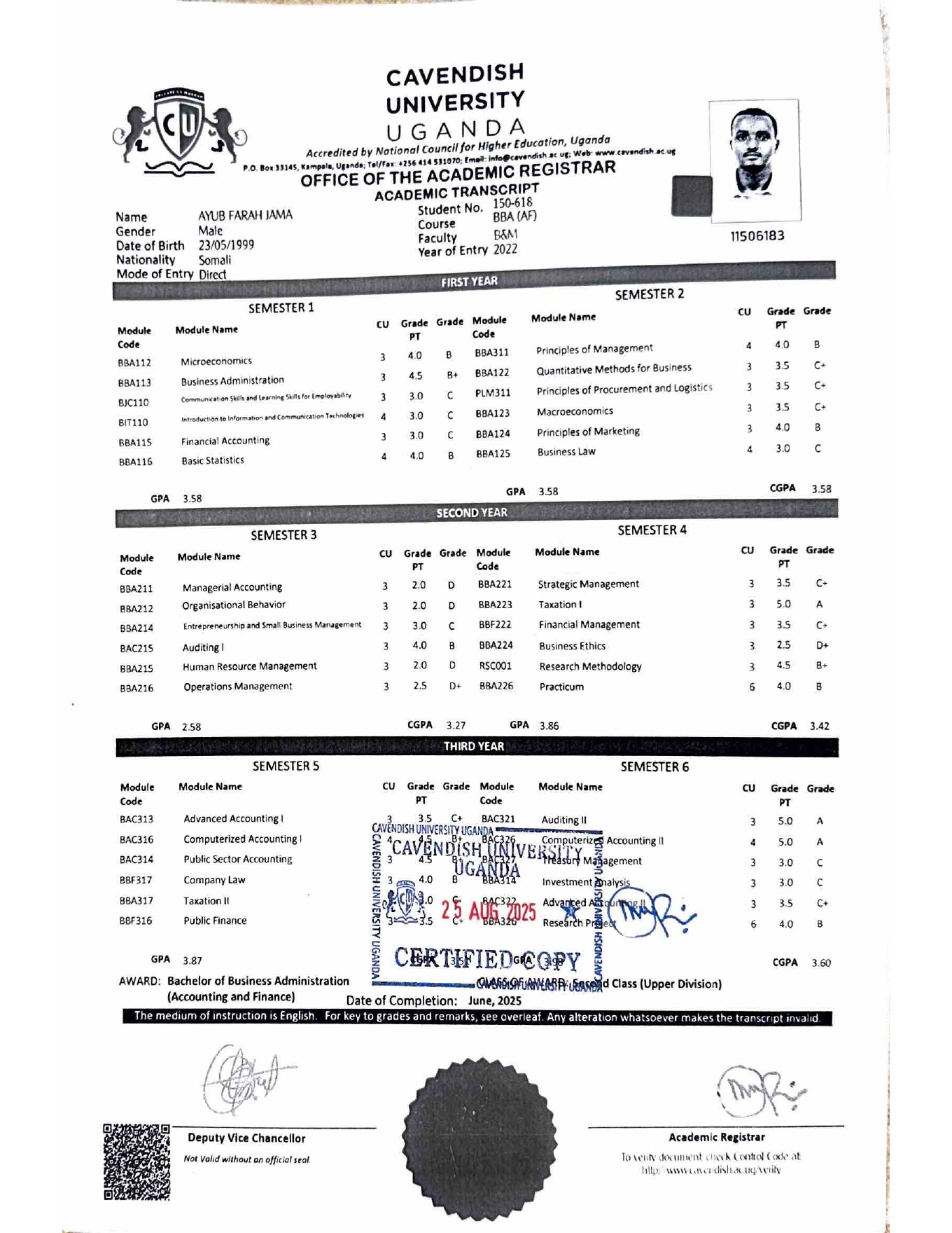 Academic transcript for Bachelor of Business Administration Accounting and Finance