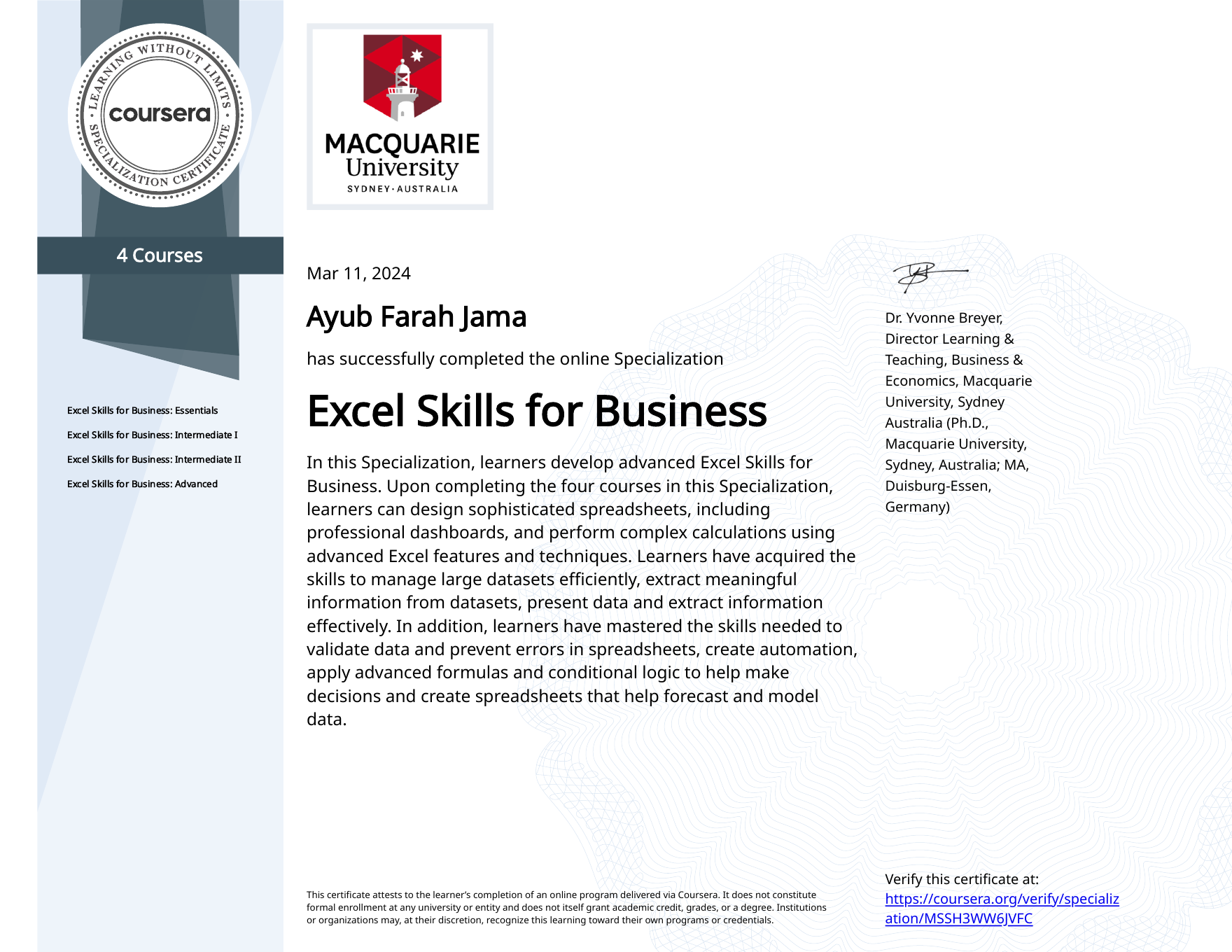 Excel Skills for Business specialization certificate