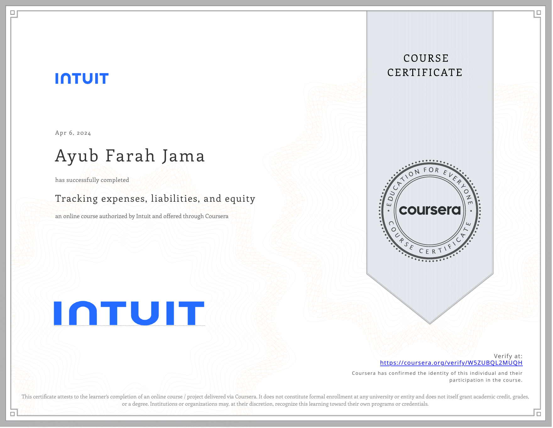 Tracking expenses liabilities and equity certificate
