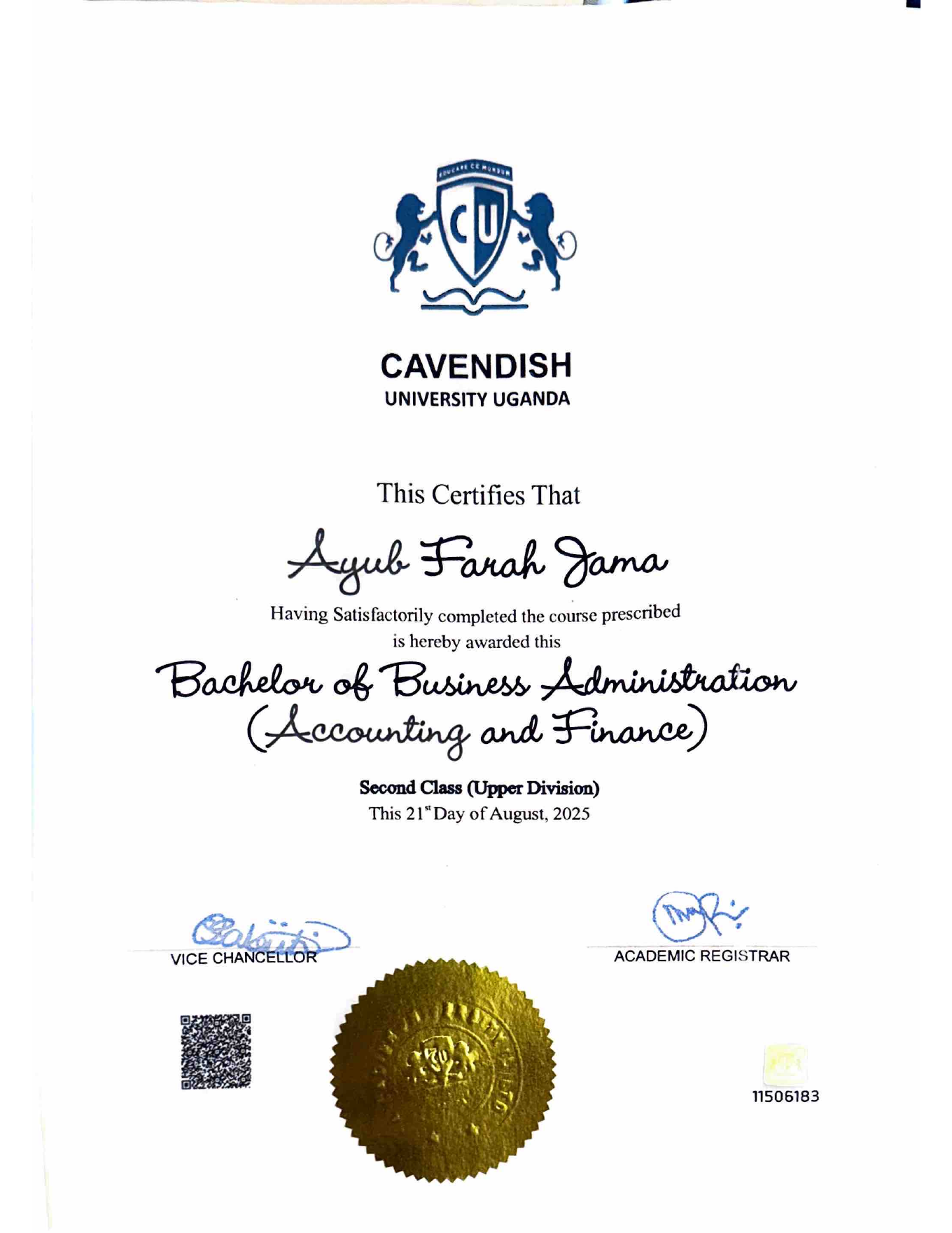 Bachelor of Business Administration Accounting and Finance certificate