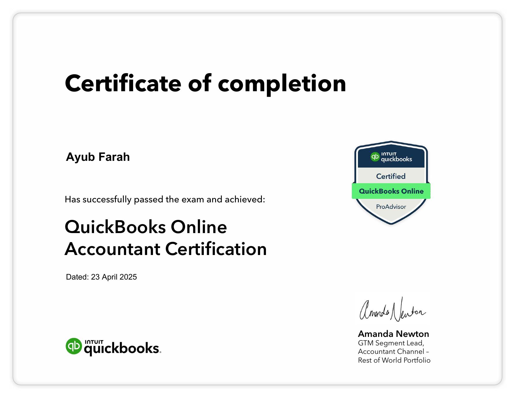 QuickBooks Online Accountant Certification for Ayub Farah